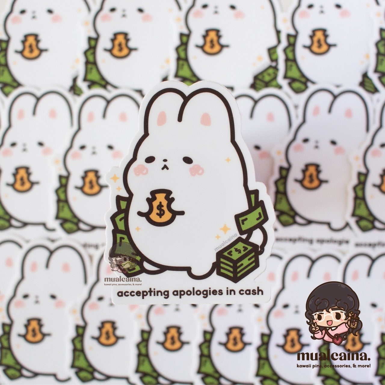 "Accepting Apologies in Cash" Bunny Vinyl Sticker
